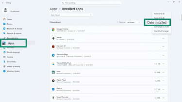 Settings → Apps → Date installed on Windows 11.
