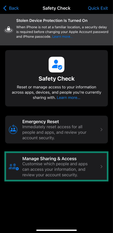Opening the Manage Sharing & Access section of the Safety Check feature in iOS.