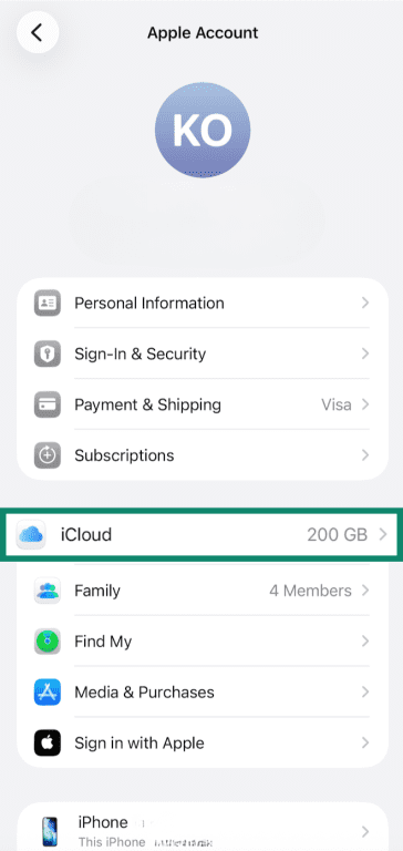 iPhone Apple Account Settings with iCloud highlighted.
