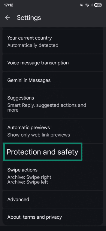 Google Messages settings with the Protection and safety option highlighted.