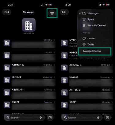 iPhone Messages list with the filtering menu opened.