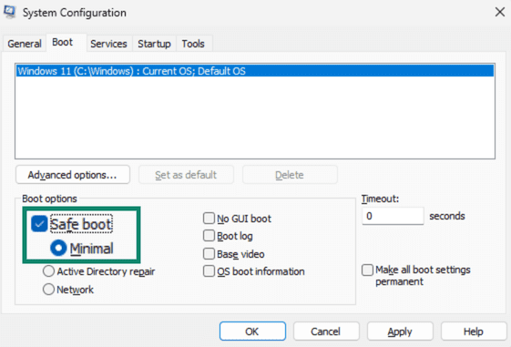 Windows System Configuration dialog box with the Safe boot option enabled.