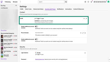 Twitch security and privacy settings with the current account email highlighted.
