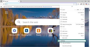 Microsoft Edge Settings and more menu with Settings option highlighted.