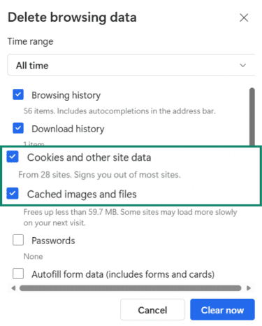 Microsoft Edge Delete browsing data settings with Cookies and Cached files selections highlighted.
