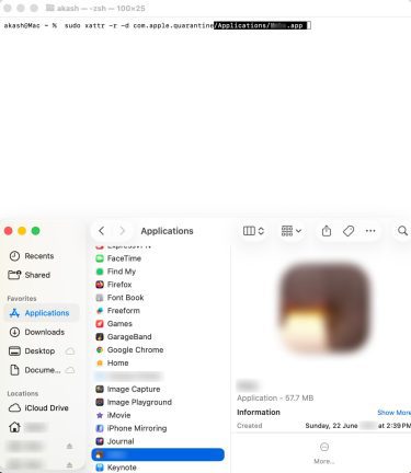 Finder highlighting an installed app in Applications while its path is added to Terminal