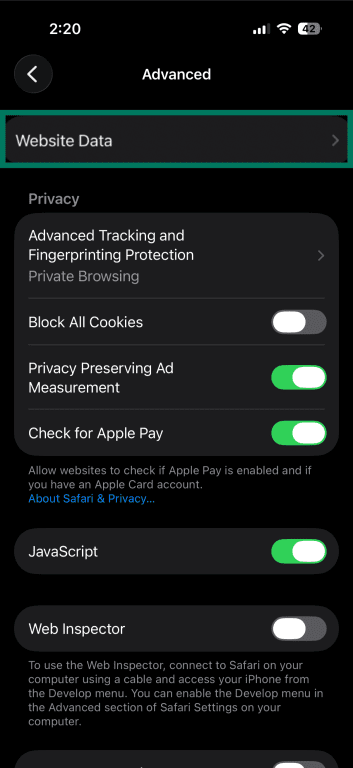 Safari Advanced settings with Website Data option.