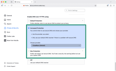 Firefox's options for choosing Increased Protection or Max Protection when enabling DNS over HTTPS.