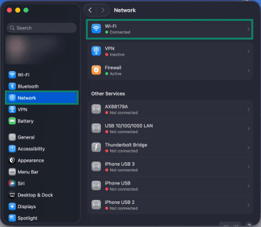 Mac System Settings window open to Network section, highlighting Wi-Fi network option.
