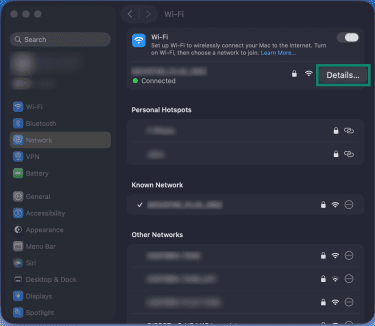 Network settings panel showing the selected Wi-Fi network with a ‘Details’ button highlighted, ready to access more information about the connection.