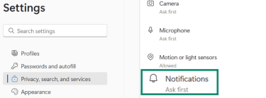 In the Edge privacy, search, and services settings, the Notifications option is highlighted.