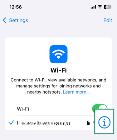 The Wi-Fi panel within iOS Settings app, with the i button highlighted, which lets you review a specific connection's settings.