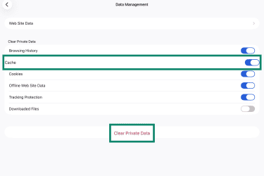 Cache option under Clear Private Data in Data Management on Firefox for iPad.
