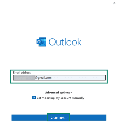 Email address field and "Connect" button highlighted in Outlook Classic.