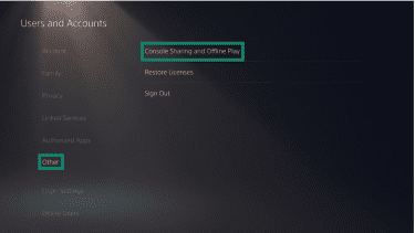 The "User and Accounts" page on a PlayStation 5. The "Other" and "Console Sharing and Offline Play" options are highlighted.