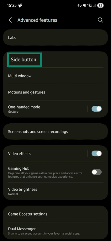 The Samsung Advanced features menu, emphasizing the Side button menu.