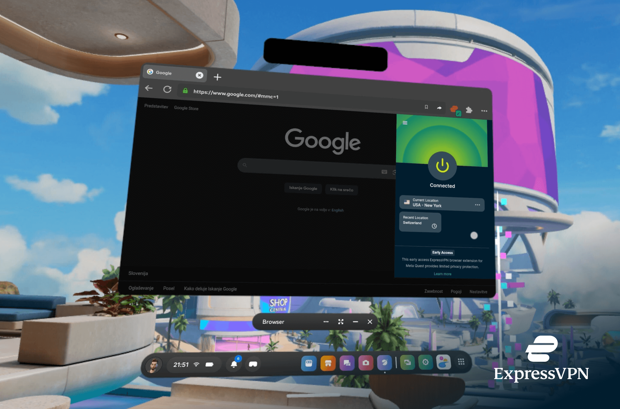 ExpressVPN Meta Quest app running against virtual reality background