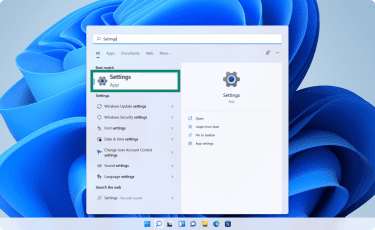 Windows 11 Start Menu showing the Settings app after search.