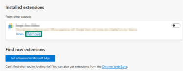 "Remove" button highlighted on an extension on Microsoft Edge.