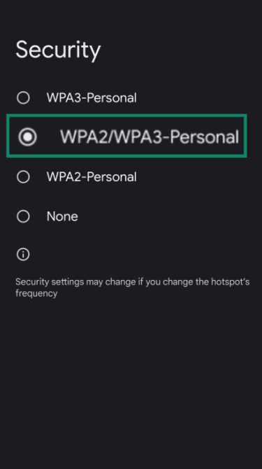 Wi-Fi hotspot Security settings on Android.