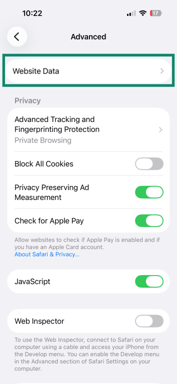 How to find website data on iPhone.
