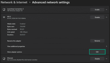 Accessing network adapter options on Windows.