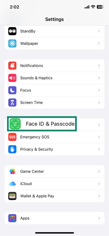 iPhone Settings app interface with the Face ID & Passcode option highlighted.