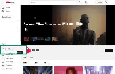 YouTube open in browser with History option highlighted