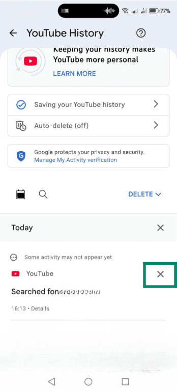 YouTube History app settings open with individual search delete "X" option highlighted