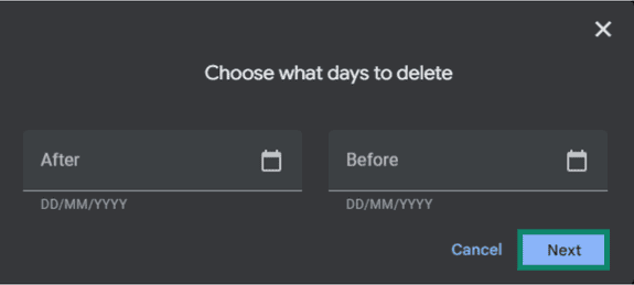 The "Choose what days to delete" pop-up in YouTube History under Google My Account, highlighting the "Next" button.