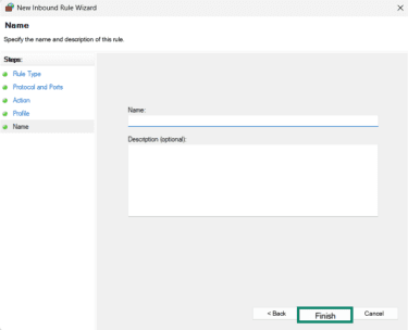 Final page of the Windows Inbound Rule settings, with the Finish button highlighted.