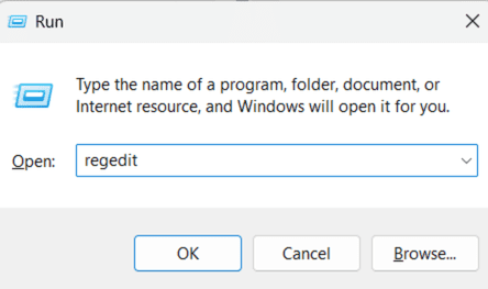 Windows Run box with regedit inputted in the open field.
