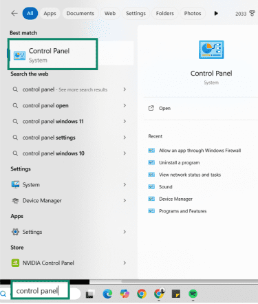 Control panel is typed in the Windows search bar.