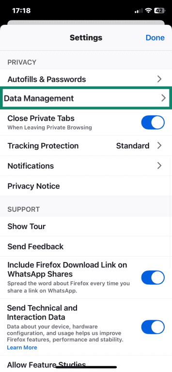 Firefox on iOS with Settings menu open and Data Management option open