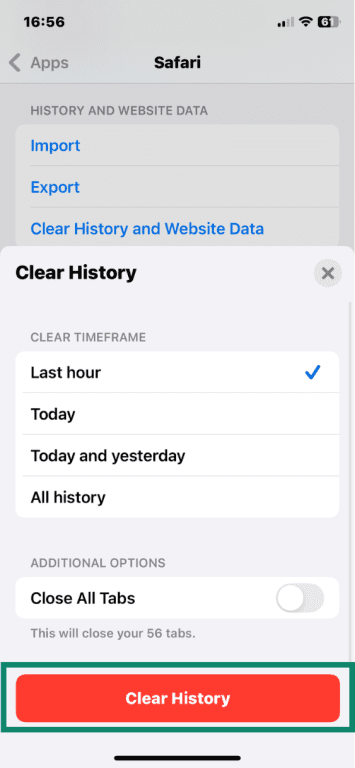 Safari Clear History options open showing timeframe and additional options