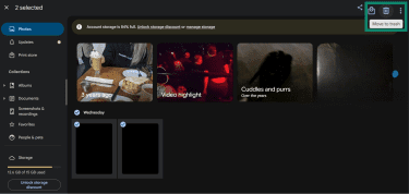 The desktop version of Google Photos, displaying two selected images, while highlighting the Move to trash option.