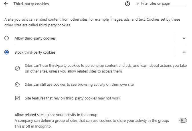 Chrome Third-party cookies settings with Block third-party cookies selected.