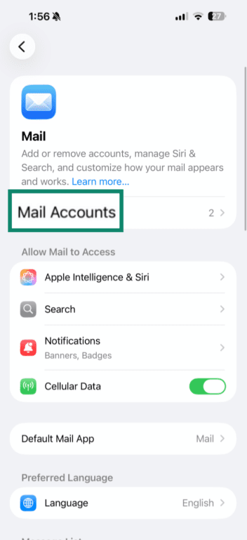 "Mail Accounts" option highlighted in the "Mail" section on an iPhone.