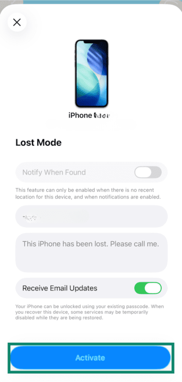 iPhone Lost Mode activation settings showing fields for a phone number and a message, a Receive Email Updates toggle option, and a blue Activate button.