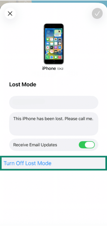 iPhone Find My app with Turn Off Lost Mode button highlighted.