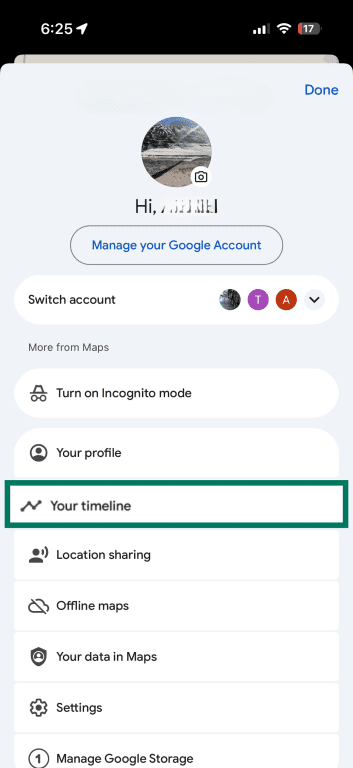 Google Maps account menu showing Your timeline option