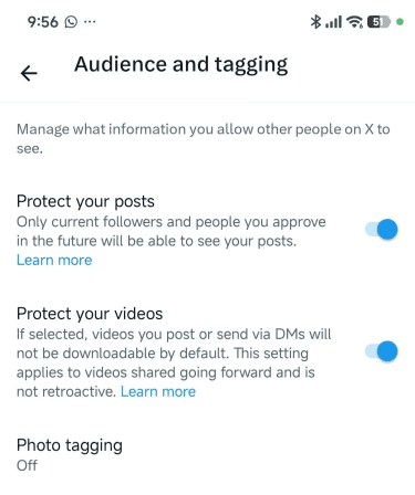 The Android X app audience and tagging menu is open and Protect your posts and videos is enabled.