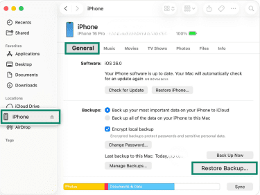 Restore Backup button on Mac while connected to an iPhone.
