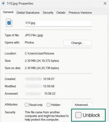JPG file Properties window showing the Unblock checkbox under Security.