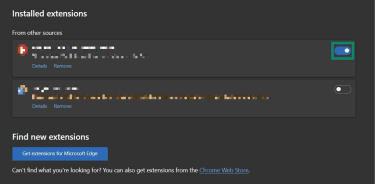 A highlighted toggle for enabling and disabling extensions in Edge.