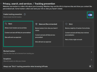 Tracking prevention in Edge, showing the Basic option highlighted.