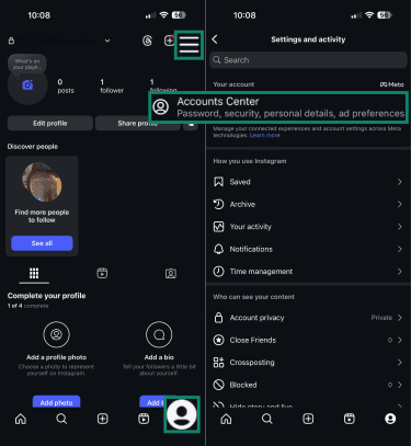 How to find Instagram's Accounts Center.