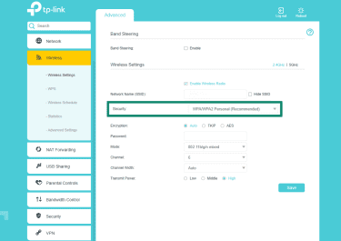 Security option in Wireless Settings of the router.