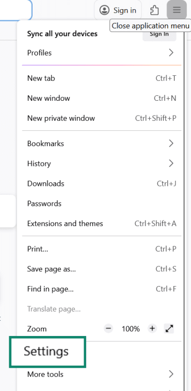 Firefox application menu opened from the three-stripe icon with Settings highlighted near the bottom of the menu.