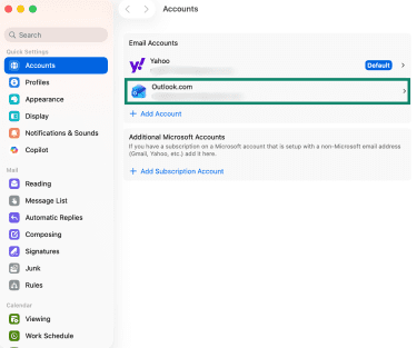 Selecting the Outlook account to remove on Mac.